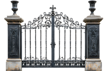 Ornate Wrought Iron Gate with Stone Pillars