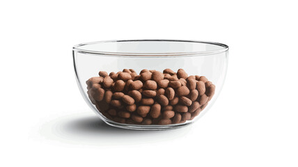 A studio shot of a clear glass bowl filled with roasted almonds. The bowl is round and low, with a slight curve to its sides.  The almonds are uniformly brown and fill the bowl approximately