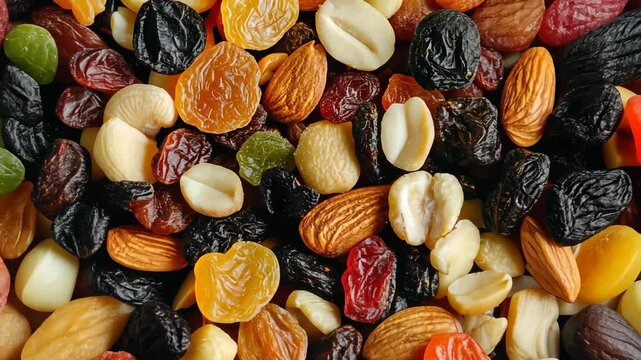 Assorted nuts and dried fruits displayed in a vibrant mix for snacking on a wooden surface
