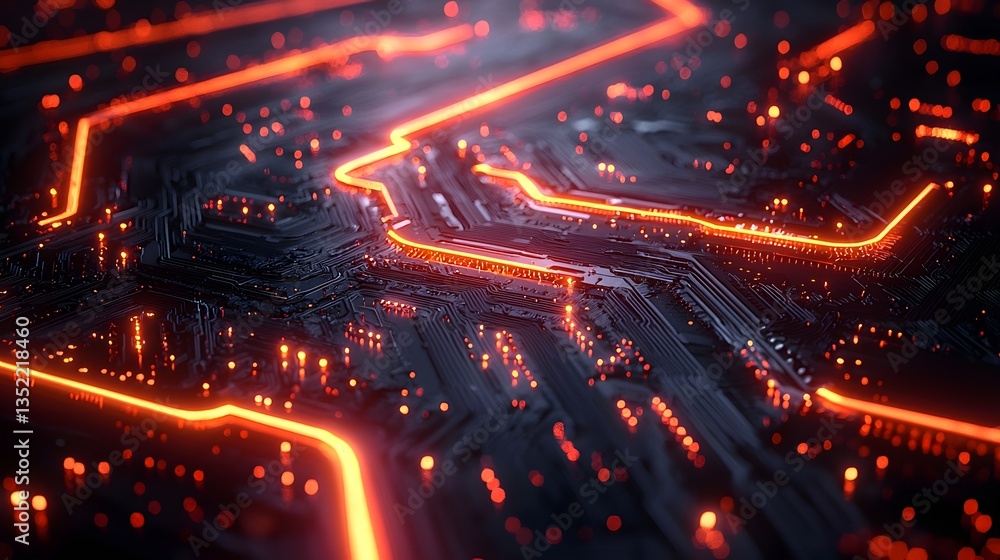 Poster futuristic circuit board with dynamic electric currents flowing through intricate pathways