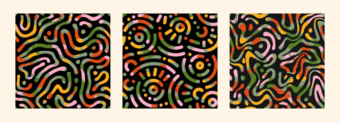 Set of colorful maze seamless patterns. Abstract graphic modern backgrounds with deformed multicolor lines. Liquid organic textures for cover, poster, banner, label, textile, wrapping, wallpaper.