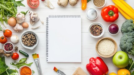 Fresh ingredients and a blank notepad for recipe creation in a bright kitchen setting