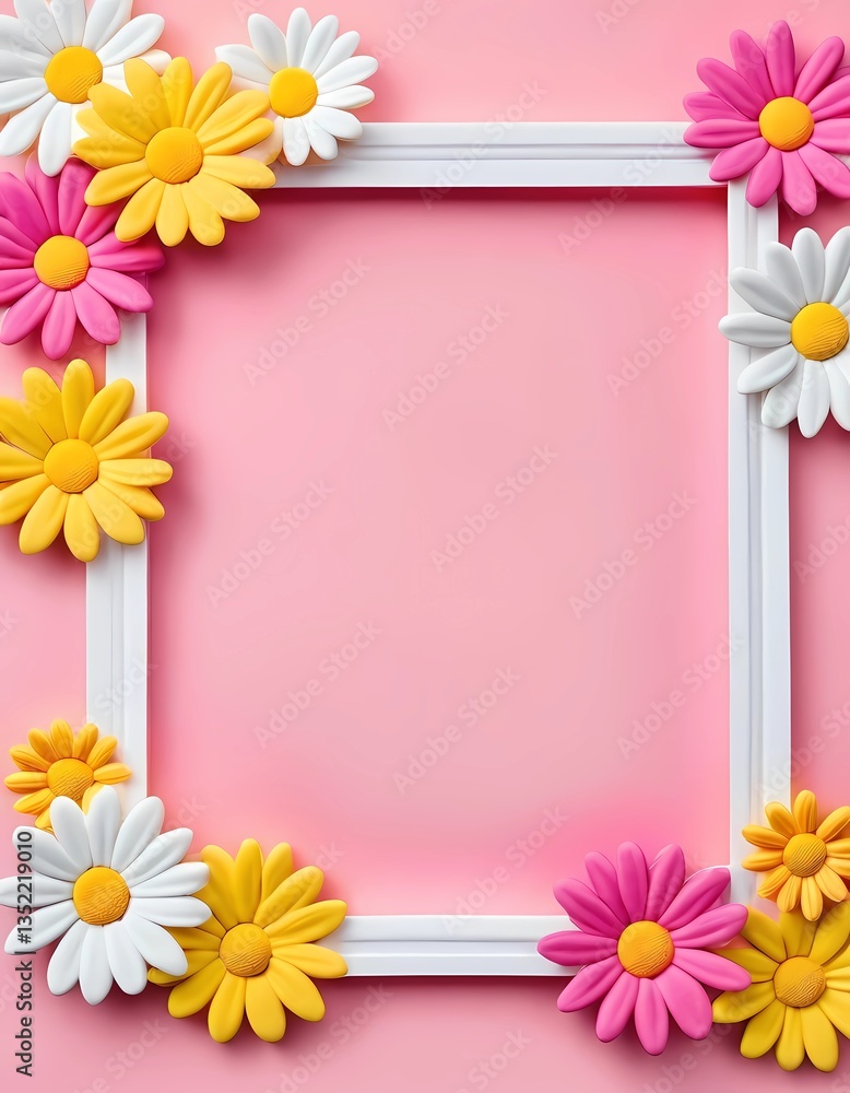 Poster bright daisies in yellow, white, and pink create an inviting frame on a soft pastel background, show