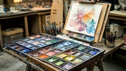 Artist's workspace with watercolor paints, brushes, and artwork.
