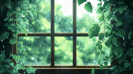 A captivating anime-style illustration showcasing a rainy scene through a window. Lush green leaves frame the view as raindrops cascade down the glass, creating a peaceful atmosphere.