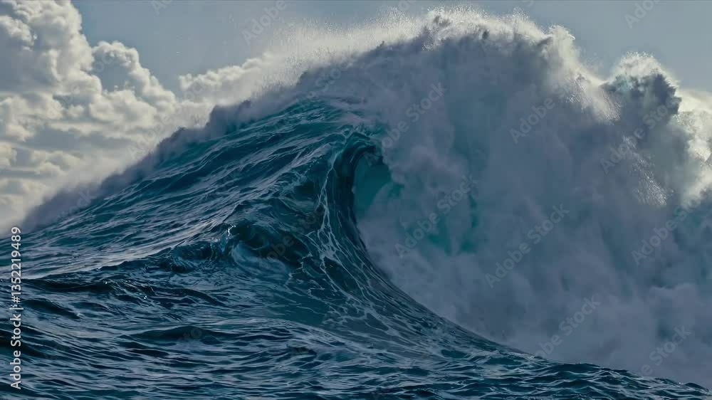 Poster dynamic video still of a powerful ocean wave captured from a low angle, highlighting the wave's text