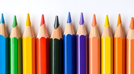 Colored pencils arranged in a row with white background. 