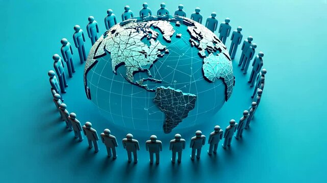 Group of miniature figures surrounding a globe, symbolizing global unity and cooperation