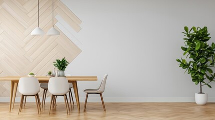 Elegant dining space with interlocking wooden rectangles, forming a geometric artistic wall