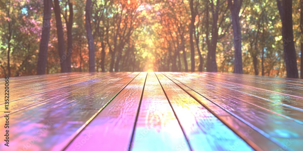 Poster a colorful wooden surface with trees in the background view