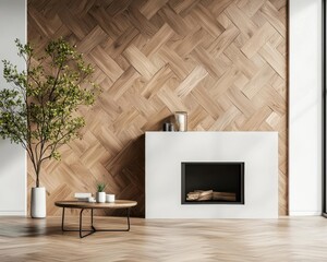 Stylish fireplace wall with geometric wooden panels arranged in a rhythmic pattern