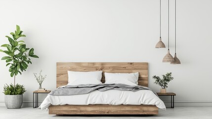 Minimalist bedroom with interlocking wooden hexagonal wall panels, adding warmth and texture