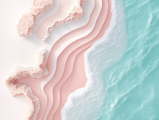 abstract, layered waves in shades of pink and white, with a turquoise section at the bottom. The overall effect is reminiscent of a serene, otherworldly landscape.