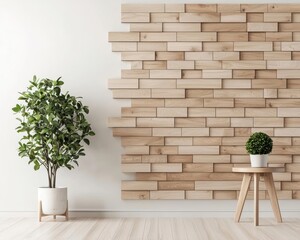 Modern entryway featuring a wooden block accent wall, making a stylish first impression