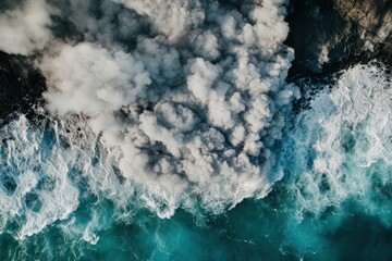 Obraz premium Aerial View of a Volcanic Eruption Meeting Ocean Waves