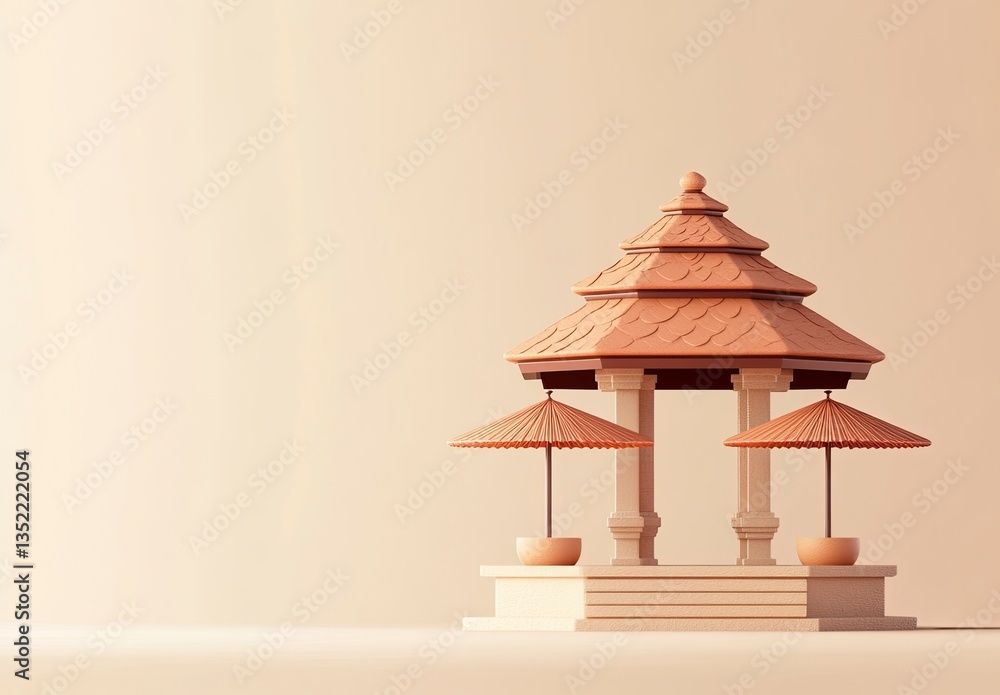 Poster minimalist pavilion structure with umbrellas on neutral background for creative projects