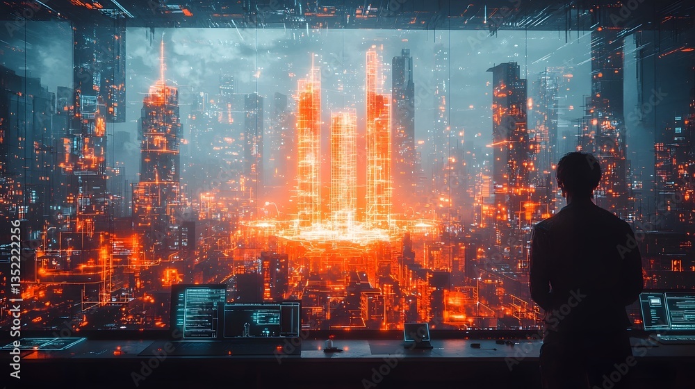 Poster architects analyzing a futuristic skyscraper hologram in a high tech workspace