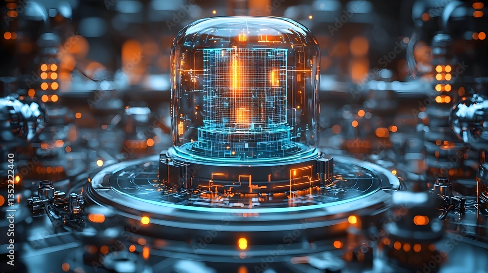 Poster holographic blueprint of a futuristic skyscraper being analyzed by architects in a tech filled works