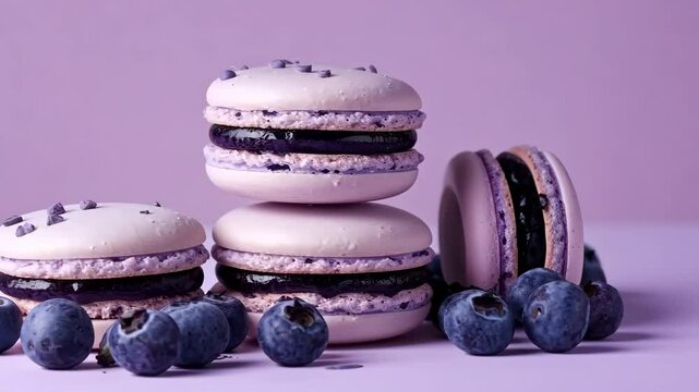 Blueberry macarons with creamy filling and chocolate ganache on a purple pastel backdrop. Delicious dessert, perfect for bakery ads, caf&eacute; menus, and food styling projects. 