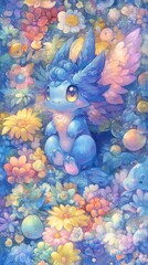 A blue creature sits amongst colorful flowers in a garden