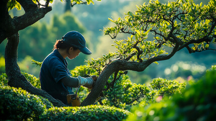 A gardener is trimming tree branches with a large pruning shears, carefully shaping the foliage in the garden