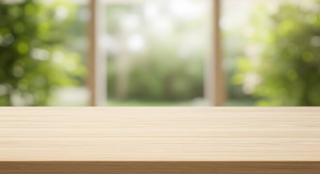 Fototapeta Empty Wooden Table Overlooking a Bright Green Garden in Soft Focus