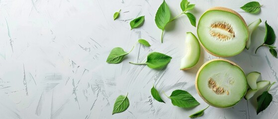 Green melons halved on a colorful background. Top down aerial view of green fruit with green flesh and vibrant background. Flat lay composition with copy space for healthy food and summer. AIG55.