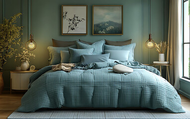 Luxurious 3D Bedroom with Turquoise Bedspread and Pastel Tones  
