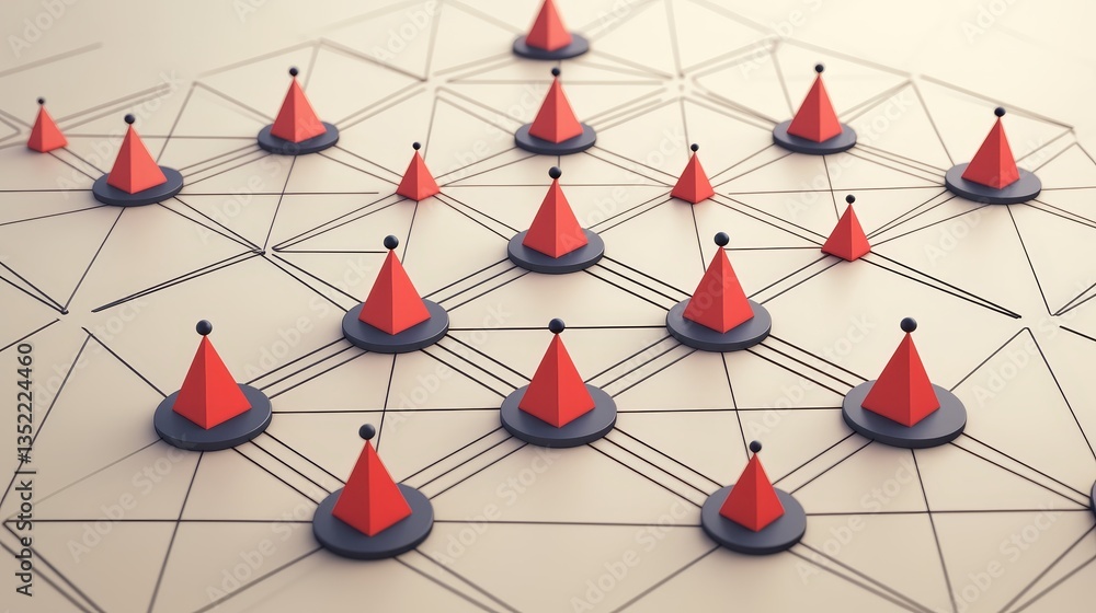 Poster geometric arrangement of red cones on a minimalistic background with intersecting lines