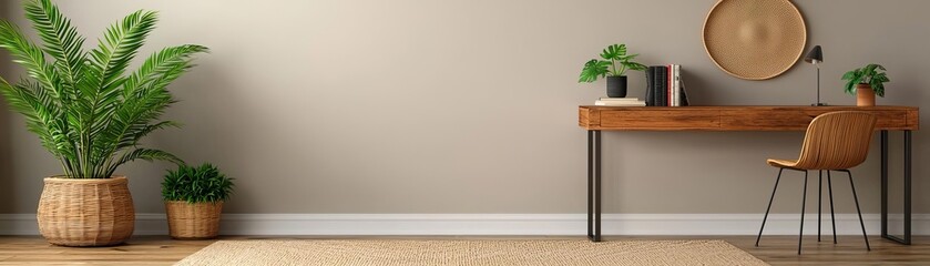 Modern workspace with plants and wooden furniture.