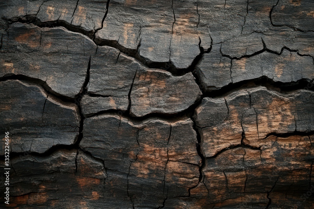 Poster textured surface of a dark wooden log with cracks and details showcasing natural patterns