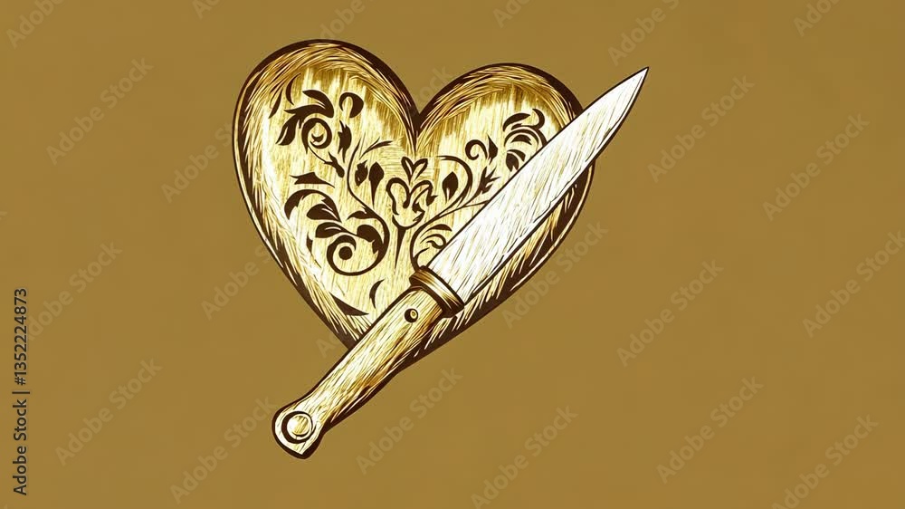Poster heart with intricate design and knife on a warm background showcasing contrast and emotion in art