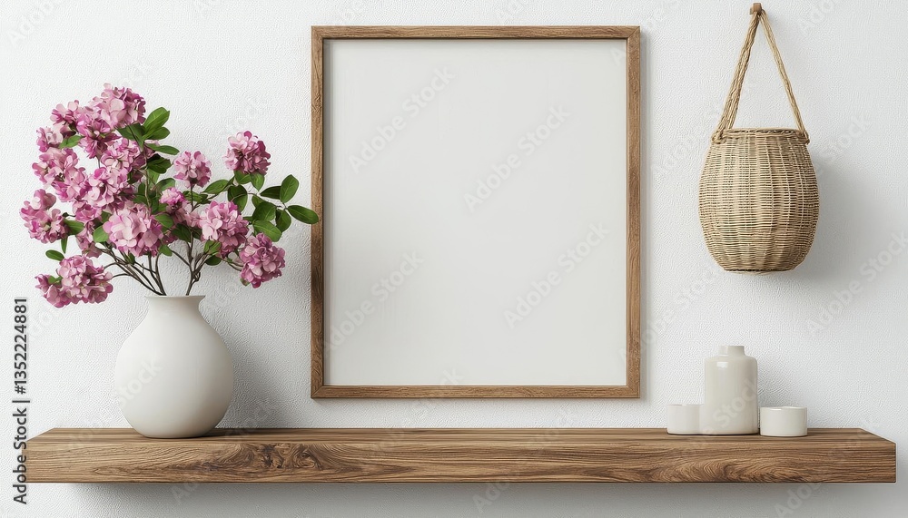 Poster modern shelf with flowers and empty picture frame
