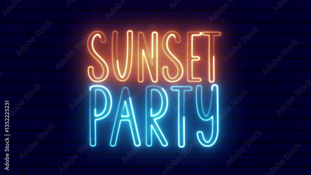 Poster sunset party neon sign. sunset party text font with neon light. luminous and shimmering haze inside 