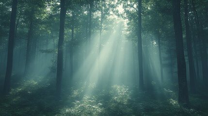 Obraz premium Sunlight streams through trees in a misty forest creating a serene scene