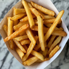 A serving of golden, crispy French fries arranged in a white paper container. The fries are evenly cooked with a light, golden-brown texture, resting on a marble surface that adds a clean