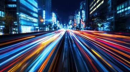 Obraz premium City night traffic, light trails, speed, urban, futuristic, advertising, motion, transportation, blurred, dynamic