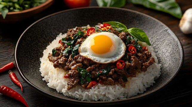 stir-fried basil beef (Pad Krapow Neua) served with a perfectly cooked onsen egg on a steaming plate of jasmine rice.