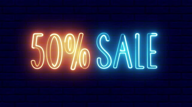 50% Sale neon sign. 50% Sale Text electric lighting text with neon on black background. 50%off.