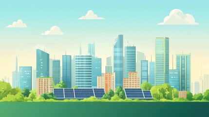 Fototapeta premium Green city skyline with solar panels, sunny day, eco-friendly urban landscape, sustainable energy