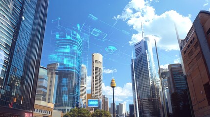 Fototapeta premium Cityscape, digital overlay, skyscrapers, sunny day, data visualization, urban development, technology, future