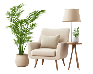  A living room furniture set consisting of an armchair, floor lamp, and side table with potted plants on a transparent background PNG file