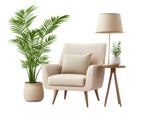  A living room furniture set consisting of an armchair, floor lamp, and side table with potted plants on a transparent background PNG file
