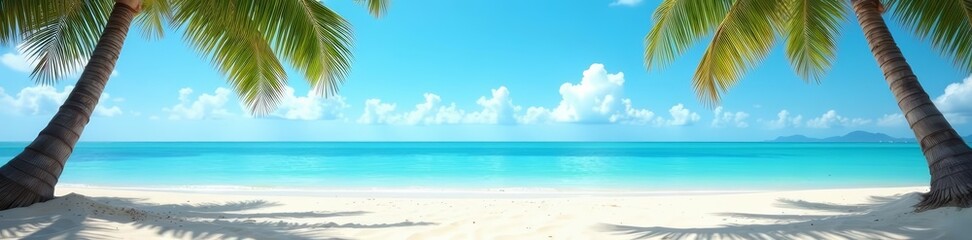 Fototapeta premium Palm tree shadows on sandy beach with clear blue sky, tropical, relaxation, palm tree silhouette