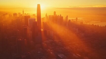 Golden hour aerial cityscape sunrise, hazy skyline, urban landscape, financial district, promotional