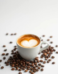 Fototapeta premium Steaming latte in a cup, scattered coffee beans on white, coffee culture, delicious