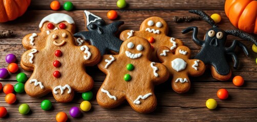 Obraz premium Spooky Halloween gingerbread cookies decorated with colorful candies rest on a rustic wooden table, background, cute, sprinkles