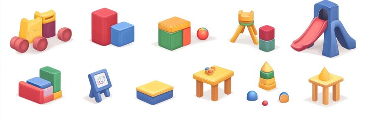 Obraz premium A vibrant arrangement of 3D toy blocks and play equipment designed for children's learning and playtime. Bright colors enhance creativity and engagement.