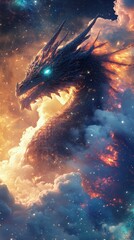 A fearsome dragon is shown amidst the clouds and celestial backdrop