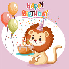 kids birthday card with cute lion cub with balloons and cake, kids party invitation